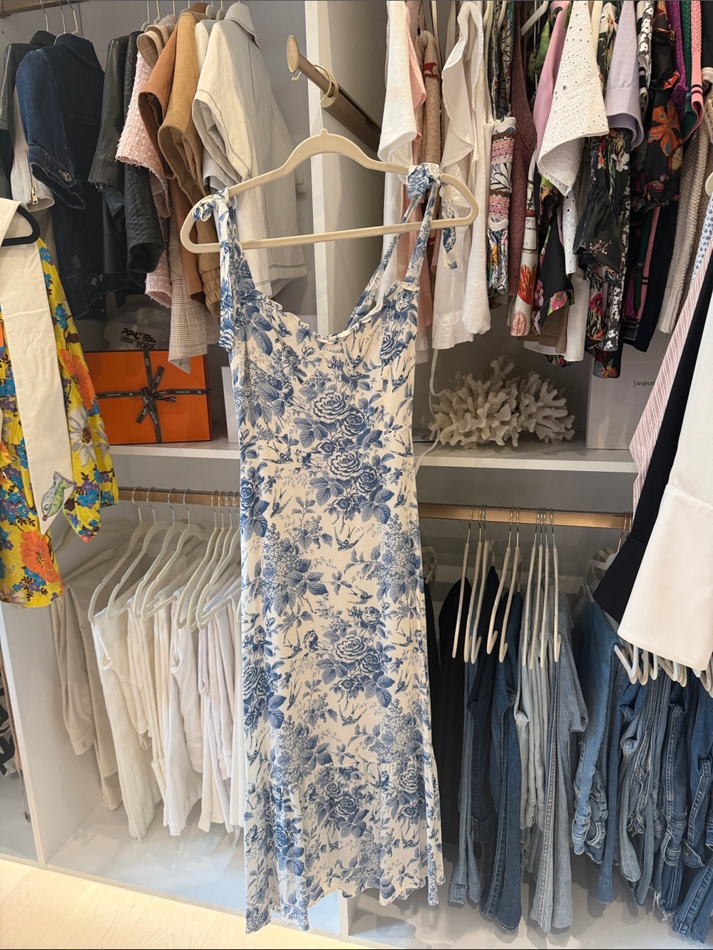 Reformation Blue Floral Tie-Shoulder Midi Dress
